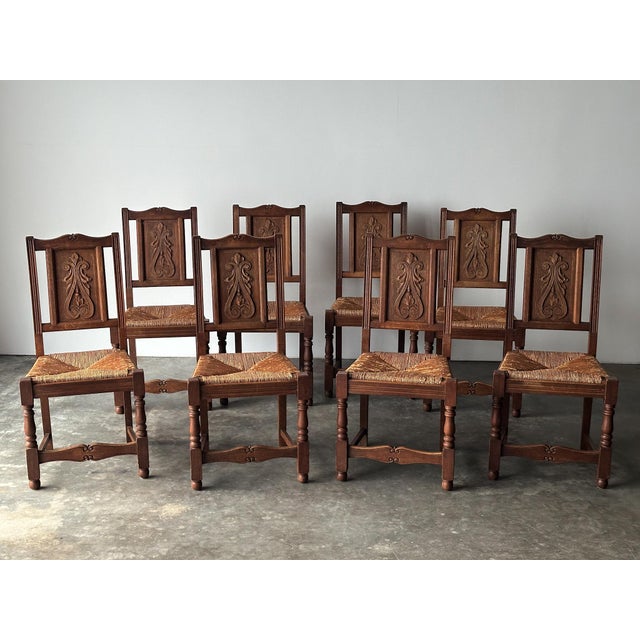 Early 20th Century French Carved Oak Rush Seat Dining Chairs, Set of 8 For Sale - Image 15 of 18