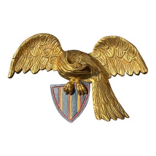 Early 20th C. American Gilt Wood Carved Eagle + Shield Patriotic Icon For Sale
