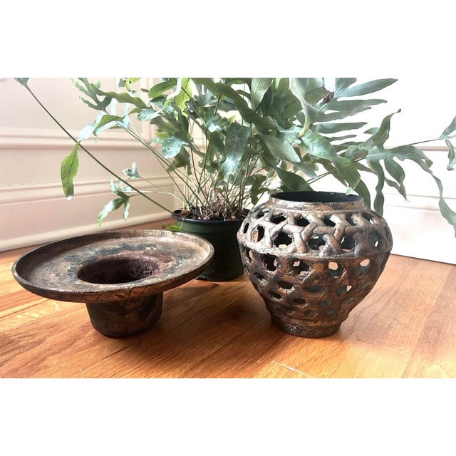 Lovely 2 piece heavy cast iron Japanese Ikebana vase circa 1930's-1940's. Japanese Ikebana cast iron vases are used to...