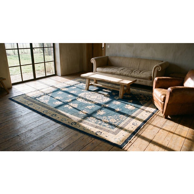 Outstanding Navy Color & Blue Rosette Beige Border With Geometric Design Antique Chinese Peking Rug For Sale - Image 11 of 11