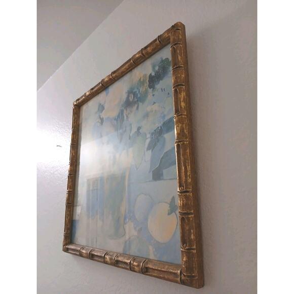 Wood 1950s Watercolor Painting Abstract Lt Blue Floral Wood Bamboo Frame Hollywood Regency For Sale - Image 7 of 14