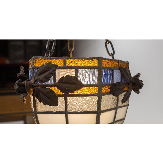 French Art Deco Ceiling Lamp in Lead and Textured Glass, 1930s For Sale - Image 6 of 15