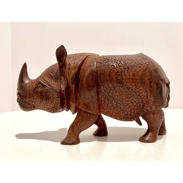 1970s Set of 3 Hand-Carved Solid Wood Rhinoceros Sculptures, Textured Hide, Inlaid Teeth and Toenails For Sale - Image 14 of 18