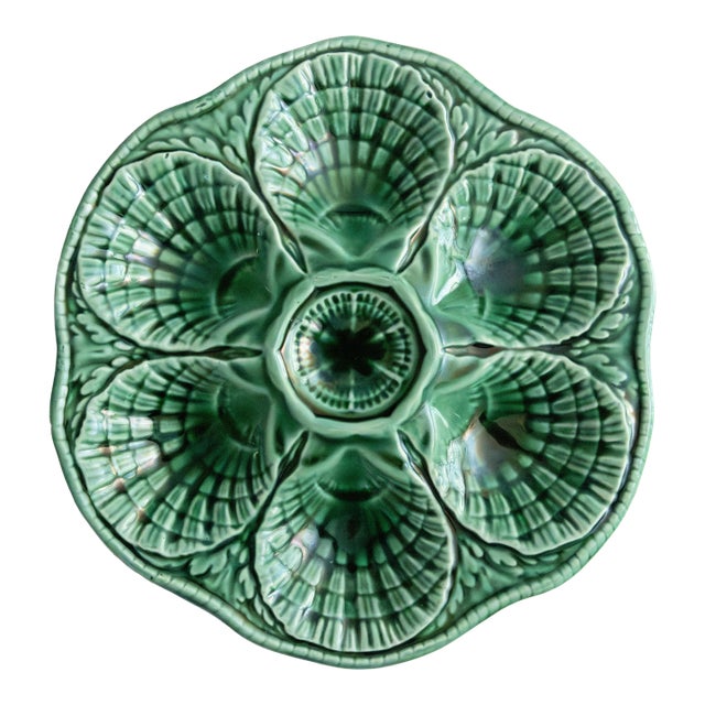 French Sarreguemines Green Majolica Oyster Plate, Circa 1930 For Sale