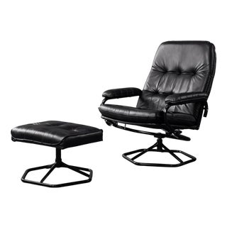 Set of Mid-Century Modern Danish Black Leather Swivel Chair & Ottoman from Unico, 1970s For Sale