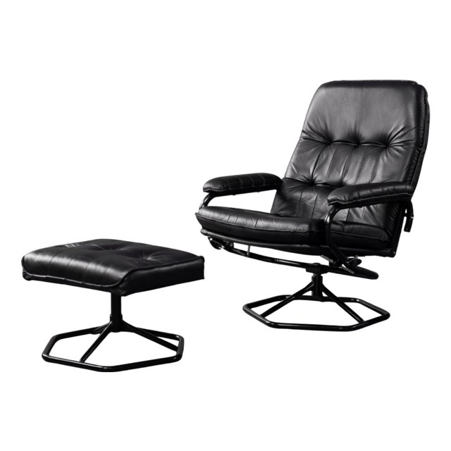 Set of Mid-Century Modern Danish Black Leather Swivel Chair & Ottoman from Unico, 1970s For Sale