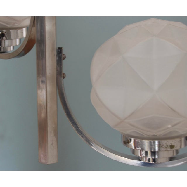 Metal Art Deco Chromed Pendant Lamp with 3 Globes, 1930s For Sale - Image 7 of 10