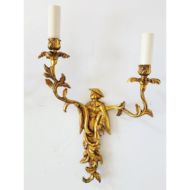 Vintage Chinoiserie Dore Bronze Wall Sconces-a Pair For Sale - Image 4 of 16