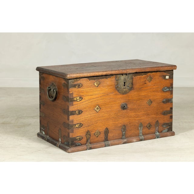 Antique Wood Trunk with Ornamental Metalwork and Brass Hardware For Sale In New York - Image 6 of 12