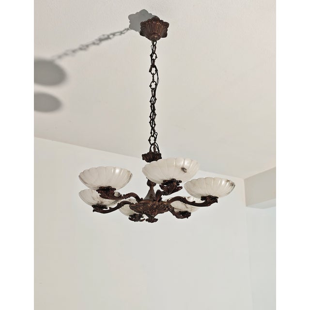 Art Deco Bronze Chandelier with Six Alabaster Lampshades, Made in Italy in the 1950s/1960s. For Sale - Image 18 of 18