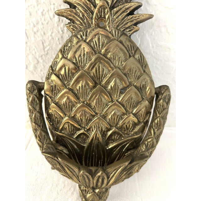 Lovely vintage solid antiqued brass door knocker in a figural pineapple motif. Hardware, (screws), included. Generous size.