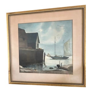 Early 20th Century Seascape: Sailboat and Dock Signed by Dero For Sale