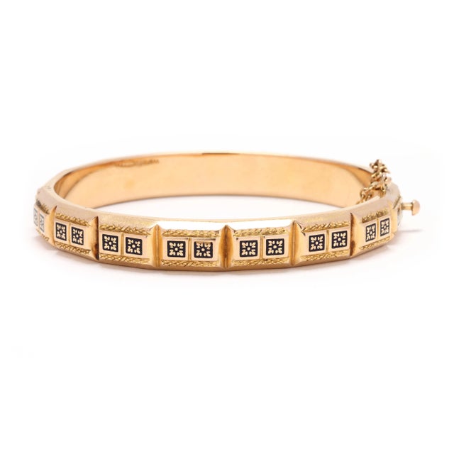 Victorian Antique French 18k Yellow Gold Enamel Bangle Bracelet, Length 6.75 Inches For Sale - Image 3 of 6