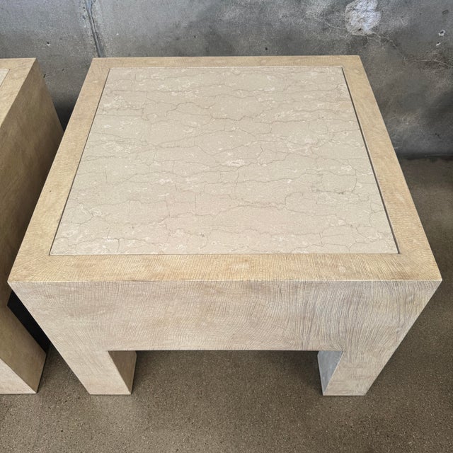 Gina B and Company Pair of Vintage Beige Wood & Travertine Side Tables For Sale - Image 4 of 12