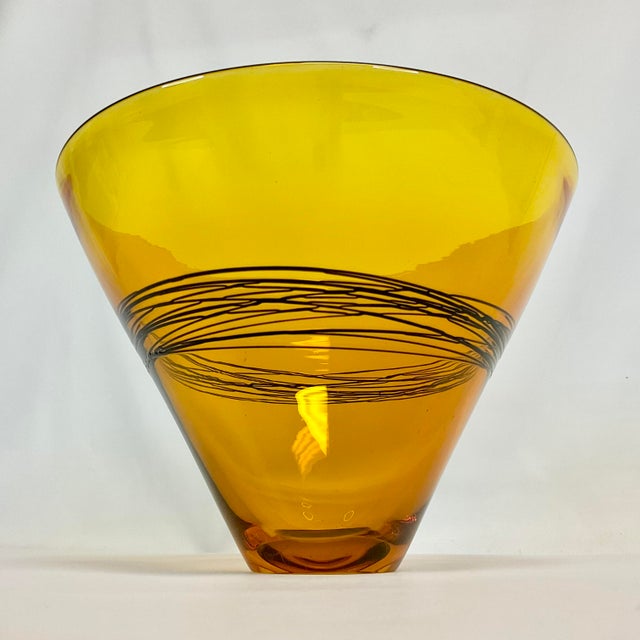 Amber 2005 Contemporary Handblown Glass Bowl With Black Spun Accent, Artist Signed, After Murano For Sale - Image 8 of 14