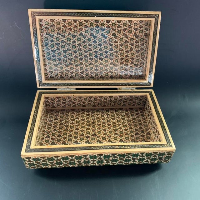 Persian Geometric Inlay Khatamkari Wood Trinket Box Lidded Rectangle For Sale - Image 6 of 10