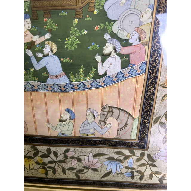 1940s Large Indian Miniature Painting Mughal Royal Court, Framed 30" For Sale In Boston - Image 6 of 10