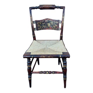 Mid 20th Century L. Hitchcock Chair Co. Painted & Stenciled Chair With Rush Seat and Gold Trim For Sale