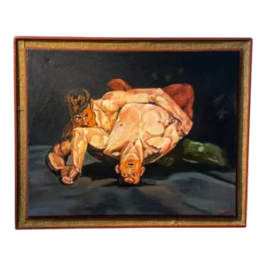 1940s "The Wrestlers" Expressionist Figurative Oil Painting, by R. Wright