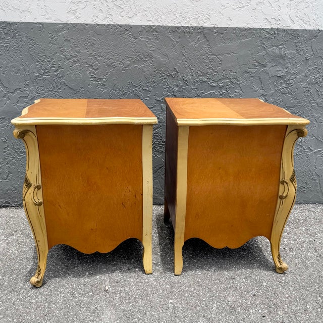 Vintage French Provincial Style Burl Wood Bombe Nightstands - A Pair For Sale - Image 11 of 12