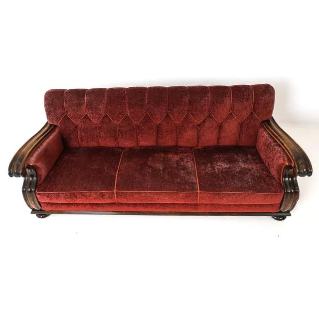1940s Swedish Art Deco Traditional Transition Sofa Velour Upholstery & Carved Arms For Sale In New York - Image 6 of 15
