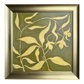 Original Botanical Leaf Painting in Brushed Gold Frame, Oil on Canvas, 14.5" X 14.5" by Tatiana Duperault For Sale