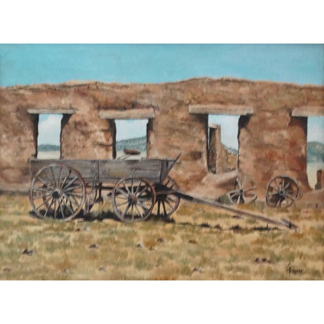 Wagon at Fort Union Ruins Oil Painting by Connie Blake (1946-2026). It depicts an old wagon in front of Fort Union, the...