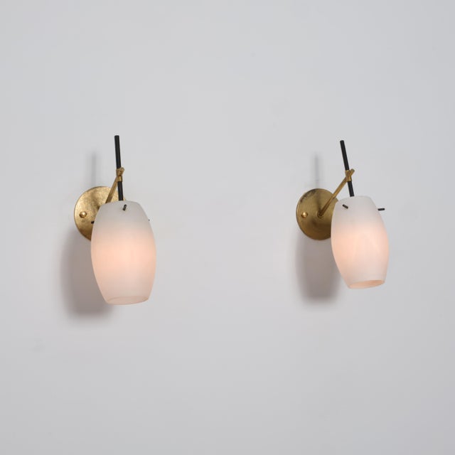 Mid-Century Italian Wall Sconces in Brass, Black Lacquer and Opaline Glass, 1950s, Set of 2 For Sale - Image 4 of 11
