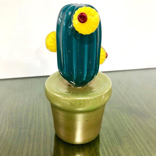 2000s Italian Teal Gold Green Murano Art Glass Cactus Plant With Yellow Flowers For Sale - Image 13 of 13