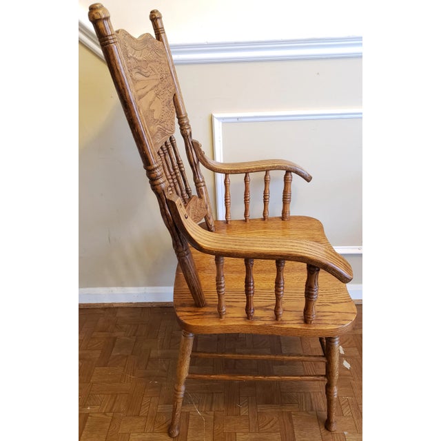 Vintage Custom Carved Red Tiger Oak Spindle Captain Chair For Sale - Image 4 of 8