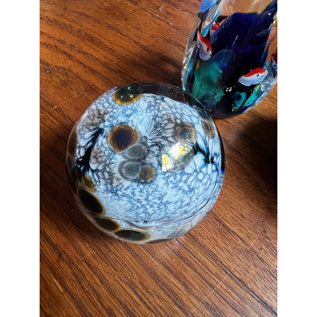 Glass Vintage Trio of Dark Blue and Green Glass Paperweights For Sale - Image 7 of 12