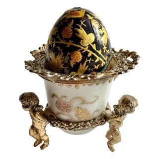 Lovely Vintage Egg w/Painted Enamel Birds In Porcelain Dish & Brass Cherub Stand For Sale