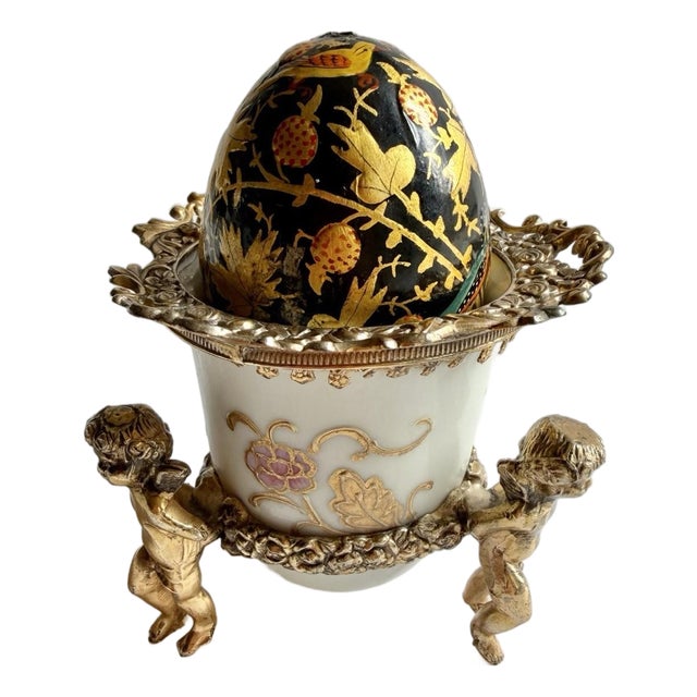 Lovely Vintage Egg w/Painted Enamel Birds In Porcelain Dish & Brass Cherub Stand For Sale