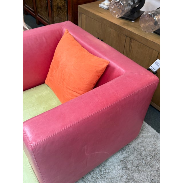 Lime Celery Micro-Suede + Rose Pink Leather Chair + Ottoman For Sale - Image 8 of 12