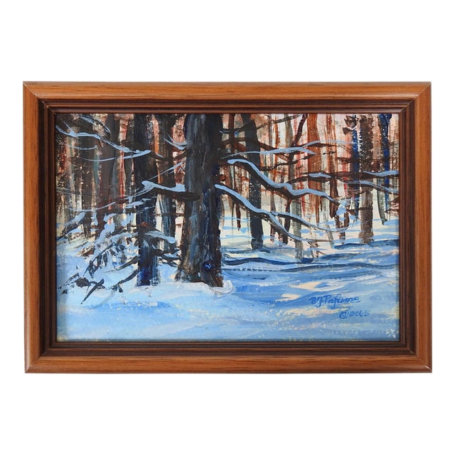 Small Contemporary Snowy Winter Forest Landscape Painting For Sale