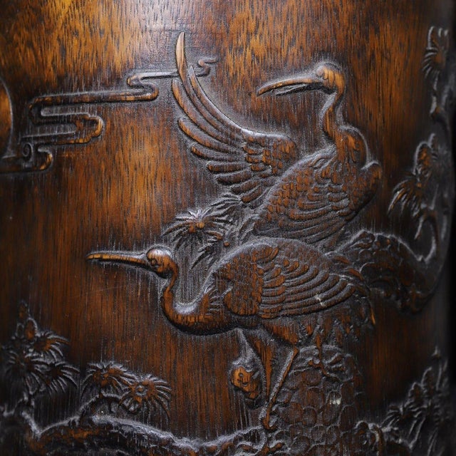 Mid 20th Century Vintage Chinese Carved Rosewood "Crane & Pine" Brush Pot With Poem For Sale - Image 5 of 10