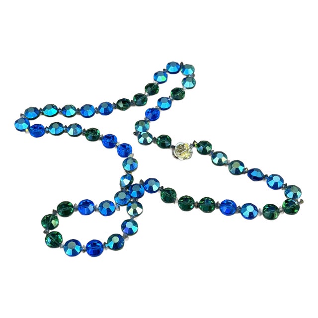 1950s Blue/Green Beaded Necklace W/ Gold Rose Clasp For Sale
