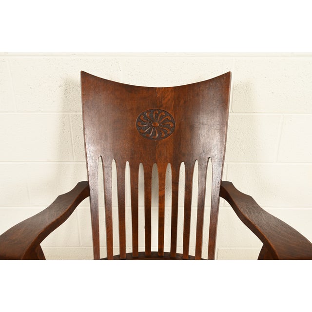 J. Dieudonné Antique Belgian Mission Oak Arts & Crafts Rocking Chair, Circa 1910 For Sale In South Bend - Image 6 of 14