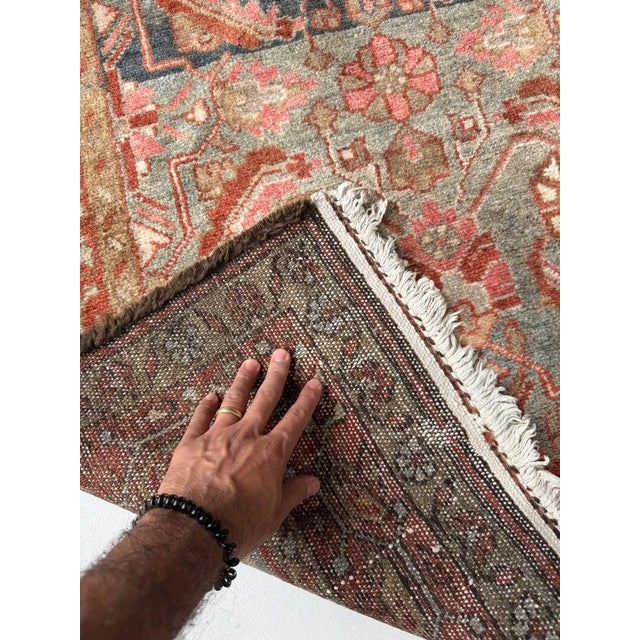 Brown 1940s Muted Herati Runner Slate Blue Soft Plush Pile Rug 3.6 x 10 For Sale - Image 8 of 11