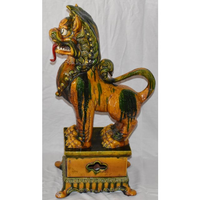 Chinese Vintage Mid 20th Century Ricci Italian Majolica Chinese Guardian Lion Statue Large Ceramic Foo Dog Sculpture Signed For Sale - Image 3 of 13