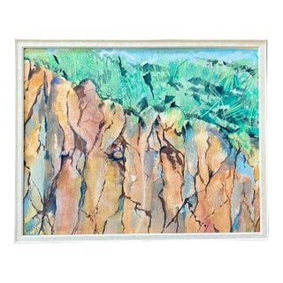 Island Cliff Watercolor Painting by Sandra Wright For Sale