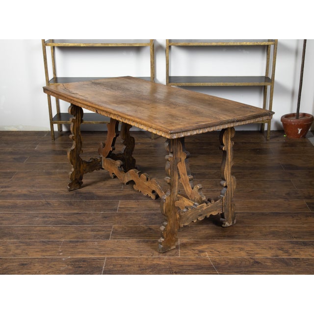 Italian Baroque Style 19th Century Walnut Table with Carved Trestle Base For Sale In Atlanta - Image 6 of 12