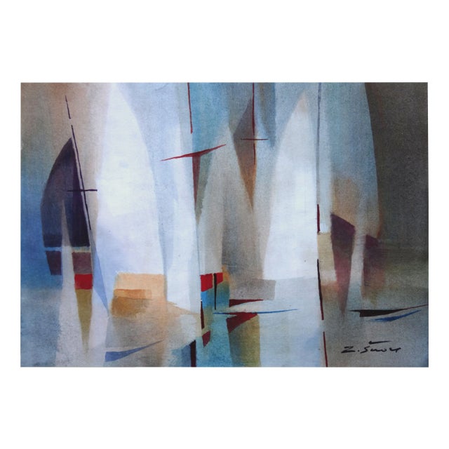 Zigmunds Snore, White Sailboats, Watercolor on Paper For Sale