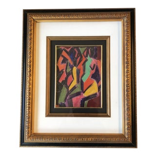 Original Vintage Cubist Female Nude Colored Pencil Drawing Framed For Sale