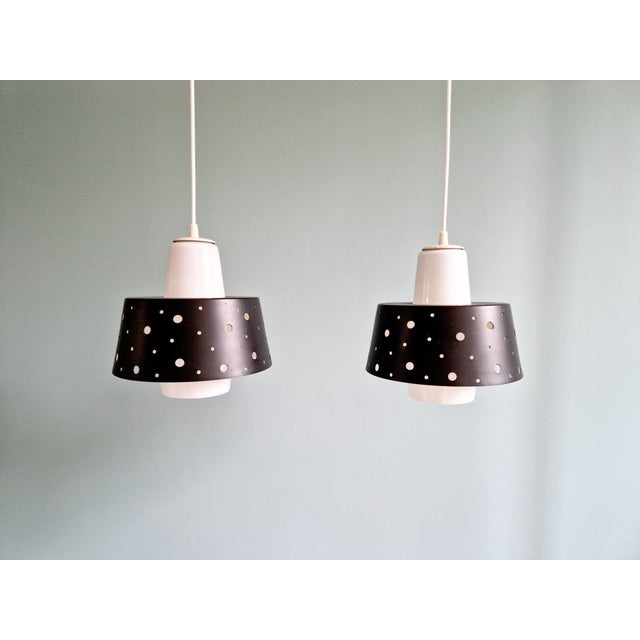 Vintage Scandinavian Pendant Lights in White Opaline and Black Lacquered Metal, 1960, Set of 2 For Sale - Image 14 of 17