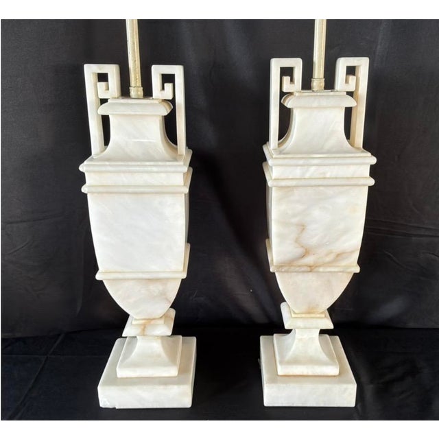 Metal Mid 20th Century Neoclassical Alabaster Table Lamps - a Pair For Sale - Image 7 of 15