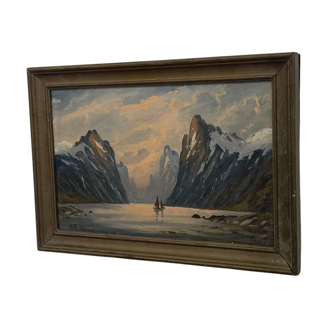Mid-Century Modern Vintage Signed K. Fjeilberg Mountain Landscape Painting With Sailboats in Gilt Wood Frame Possibly 1930s Norway. For Sale - Image 3 of 10
