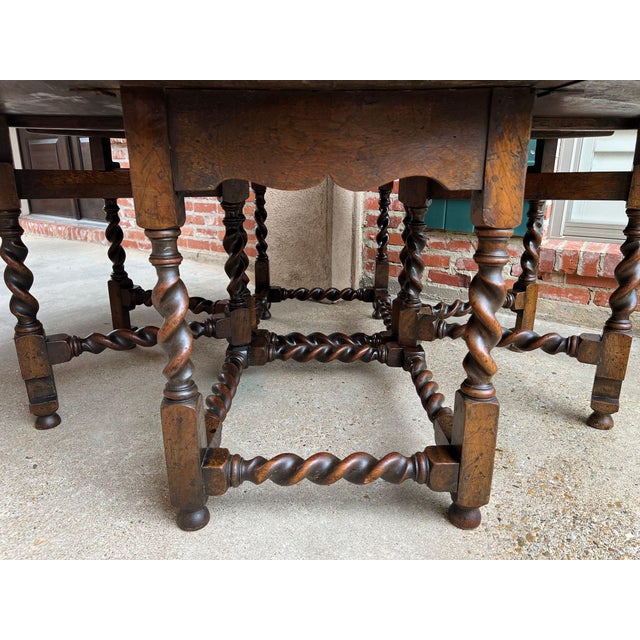 Antique English Wake Dining Table Drop Leaf Barley Twist Jacobean Oak Console For Sale - Image 10 of 18