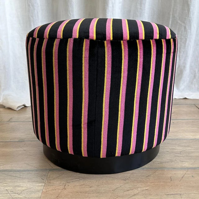 2000 - 2009 Modern Pink and Yellow Striped Black Velvet Pouf, 2000s For Sale - Image 5 of 13