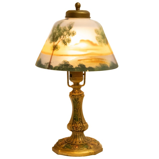 Metal 1910s Handel Art Nouveau Frosted Glass Reverse Painted Boudoir Table Lamp For Sale - Image 7 of 14
